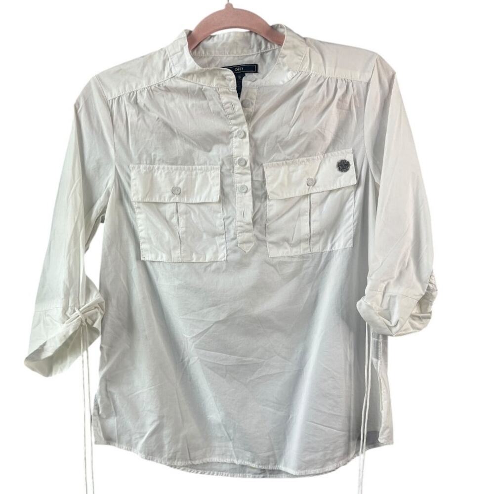 Obey white button up tie cinch 1/2 sleeve blouse 100% cotton woman's US6 small